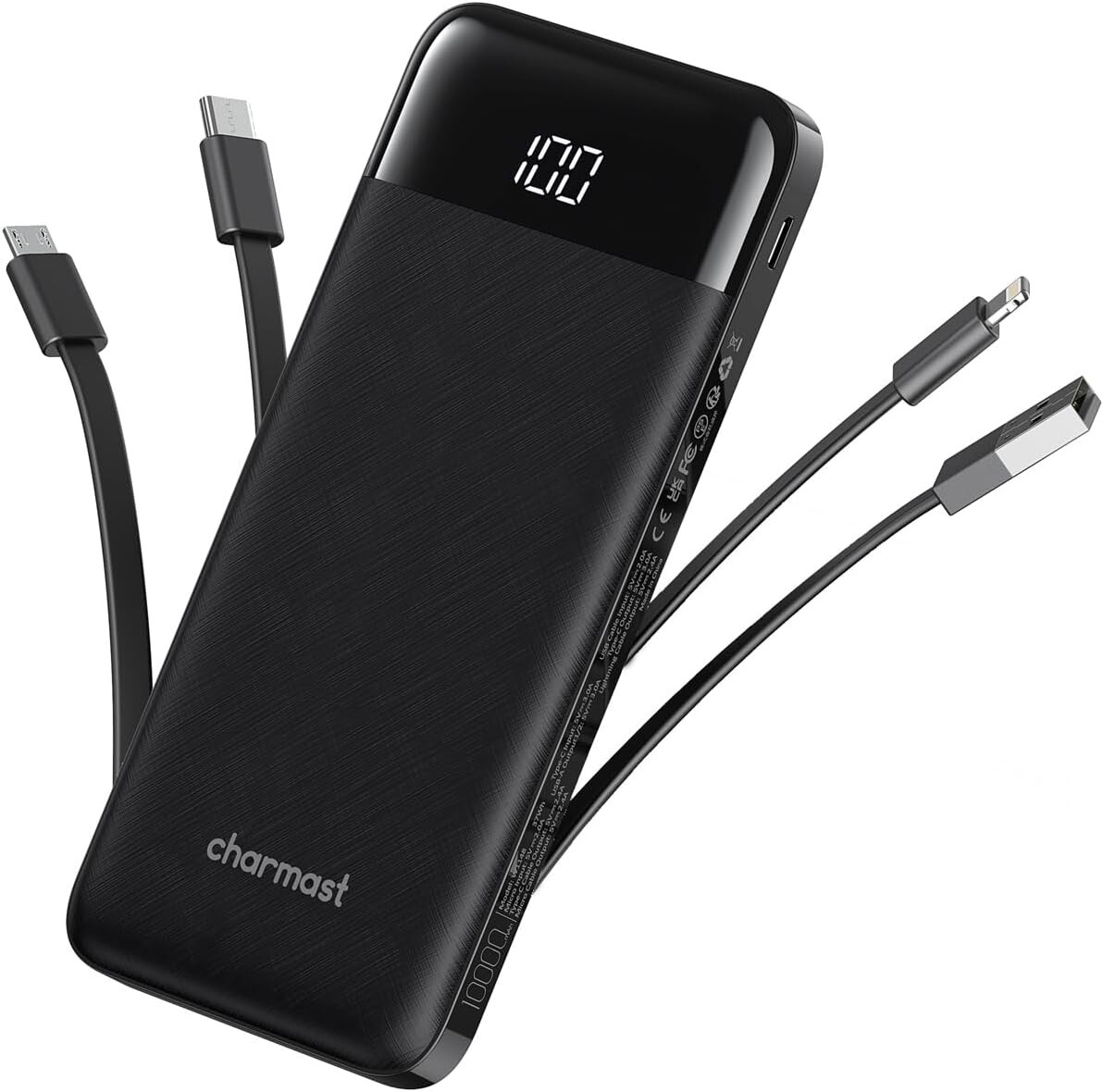 10000mAh Portable Charger with Built-in Cables - Compact Travel Battery Pack-image