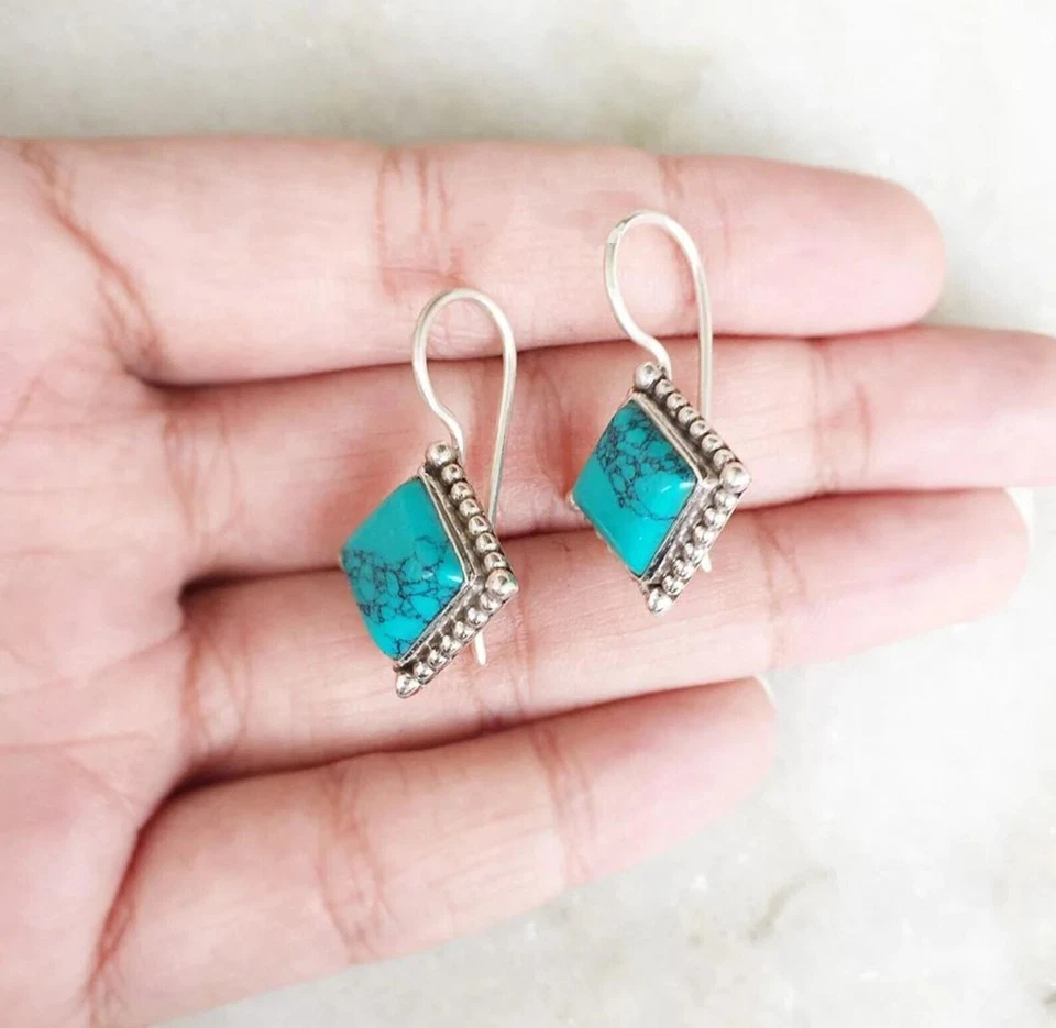 Genuine Turquoise Earrings in 925 Sterling Silver Dangle Women Jewelry - Image 2 of 4