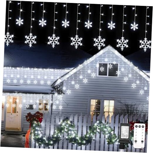 Christmas Snowflake Lights Outdoor, 27.1ft Connectable 168 LED Cool White