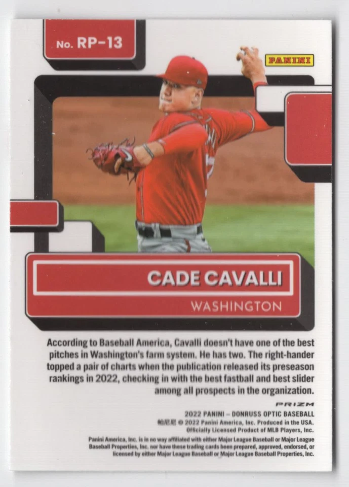 2022 DONRUSS OPTIC RATED PROSPECT HOLO Cade Cavalli Rookie Washington Nationals - Image 2 of 2