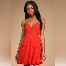 LULUS Serene Soul Bright Red Crochet Lace Tiered Mini Dress - Large