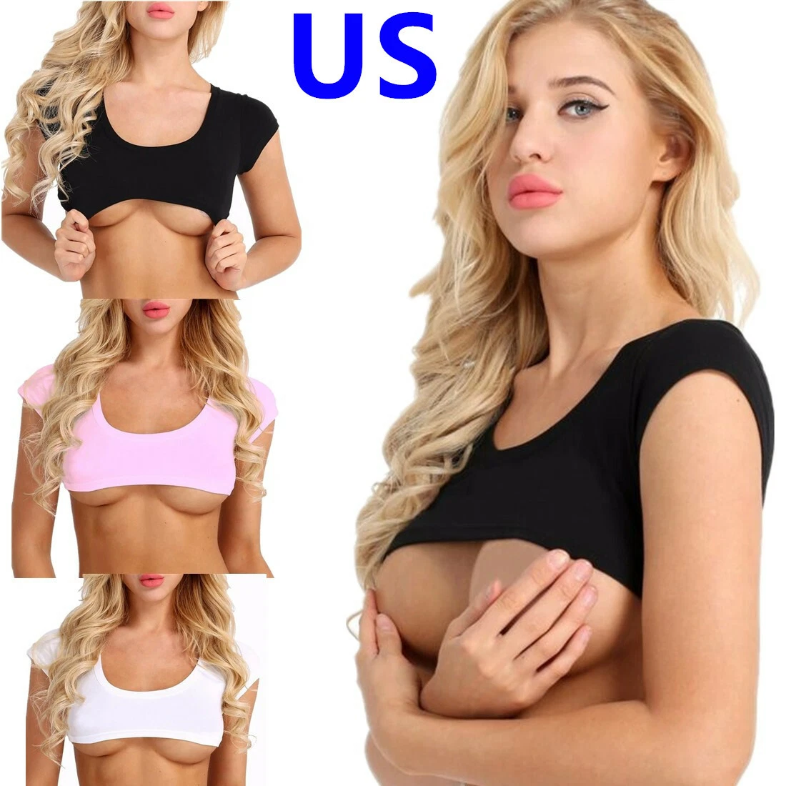 US Womens Short Sleeve Cotton T-Shirt Half Chest Crop Top Sexy