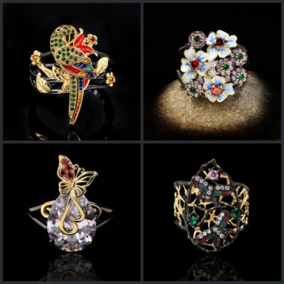 Einzigartige Ringe Blume Emaille Schmetterling Papagei Gr. 18 o. 19 Schmuck