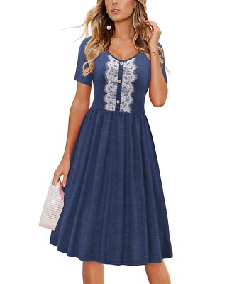 LAISHEN Women's V Neck Button Dress, A Line, Casual Summer, XL Navy Blue |  eBay