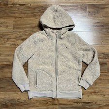 Tommy Hilfiger Sherpa Zip Hoodie Women's Small Tan Long Sleeve Fuzzy Soft Warm