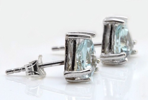 1.75 Carat Natural Aquamarine and Diamond 14K Solid White Gold Stud Earrings - Picture 3 of 5