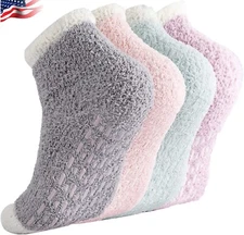 4Pairs Non Slip Fuzzy Socks for Women Cozy Hospital Socks Soft Fluffy with Grips
