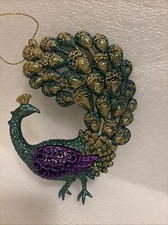 Sparkly Peacock Christmas Tree Ornament Teal Purple 5.5  Hi 4.5  Wide a38