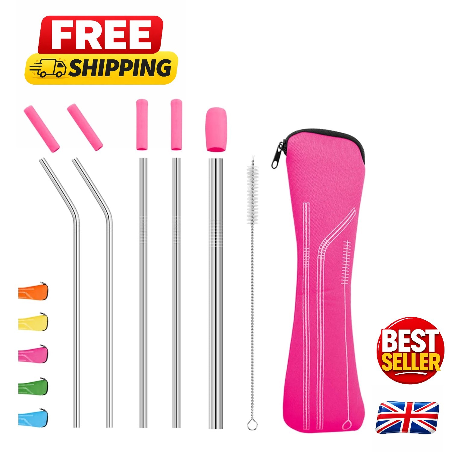 Durable Pink Reusable Drinking Straws - Silicone Tips & Cleaning Brush Included