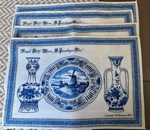 Vintage Royal Delft Ware 4 Linen Placemats Unused Blue White Floral Holland