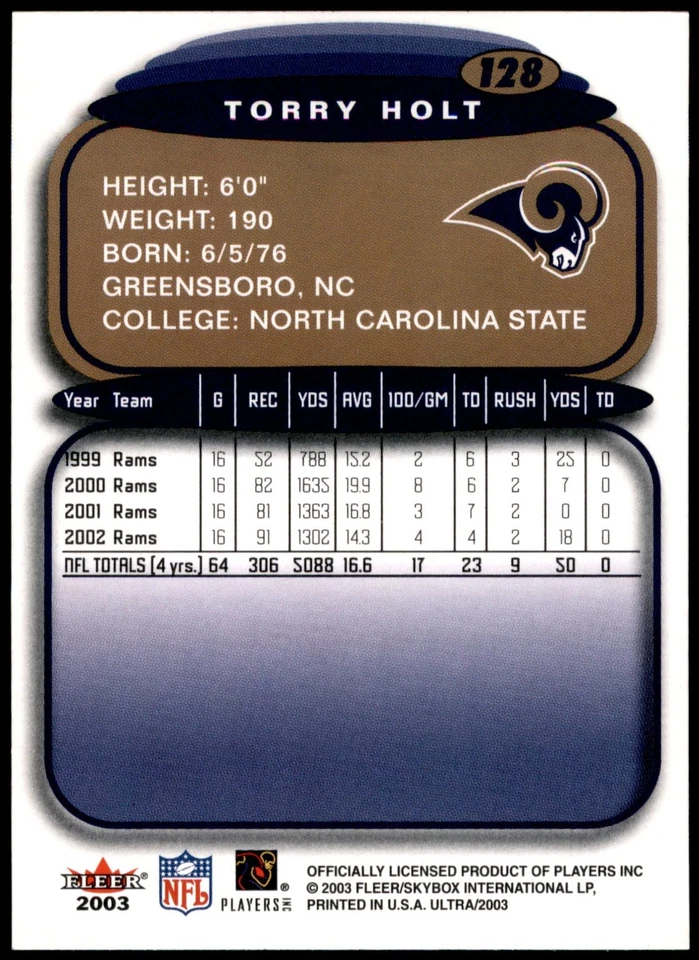 Torry Holt Rams 2003 Fleer Ultra NFL Football Card #128 St. Louis - Image 2 of 2