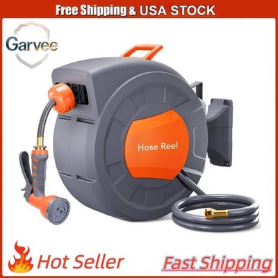 Auto Rewind 100ft Garden Hose Reel 1/2in Wall 9-Function Sprayer Any Lock