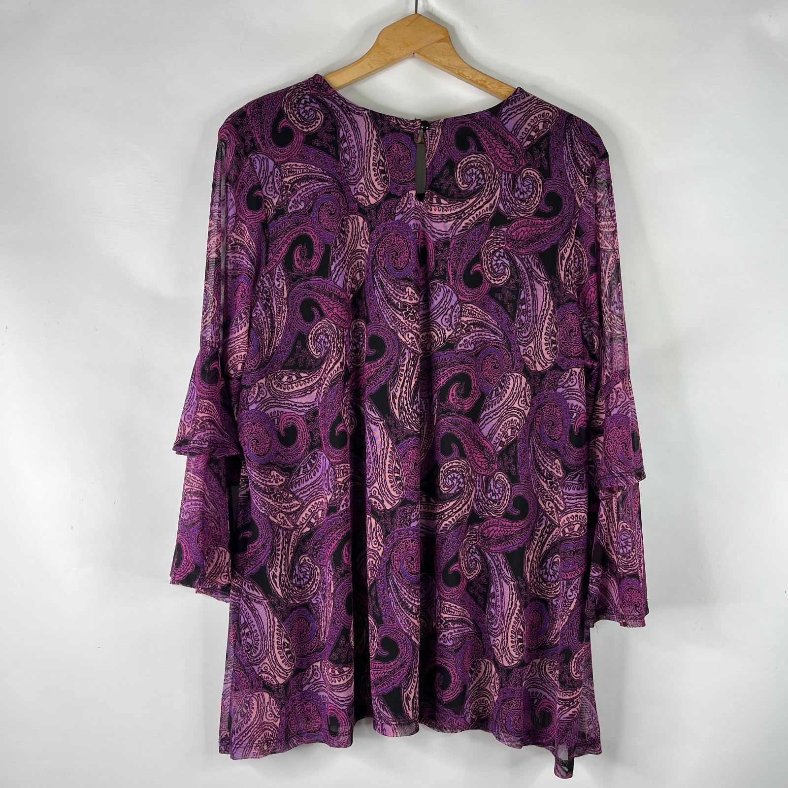 Collections ETC. Womens Tunic Top Size 2XL Purple Paisley Round Neck Bell Sleeve