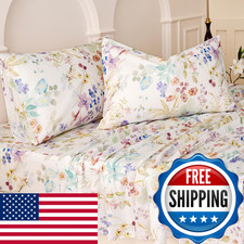 Huborise Full Size Sheet Set Purple Floral Bed Sheets 100 Cotton 4Pcs Pink Blue