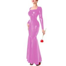 Long Mermaid Dress Shiny PVC Leather Long Sleeve Slim Ruffles Hem Dresses