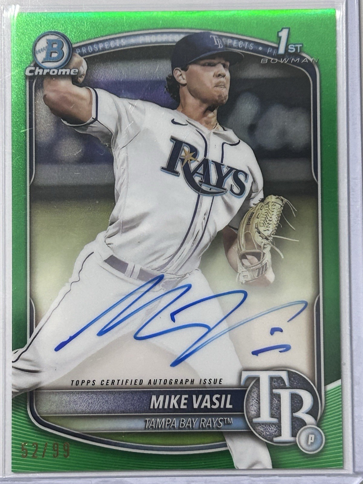 2025 Bowman Mike Vasil Chrome Auto 1st Prospect True Green Refractor #/99 Rays