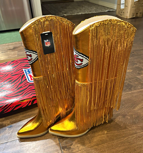 NFL Kansas City Chiefs Gold Sequin Fringe Knee-High Western Boots Womens US 9