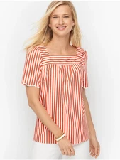 Talbots 100% Cotton Sz Large SailboatWhite/Orange Stripe Scalloped Square Neck