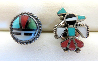 2 Vintage Zuni Inlaid Stones Sunface & Thunderbird Tie Tacks Lapel Pins
