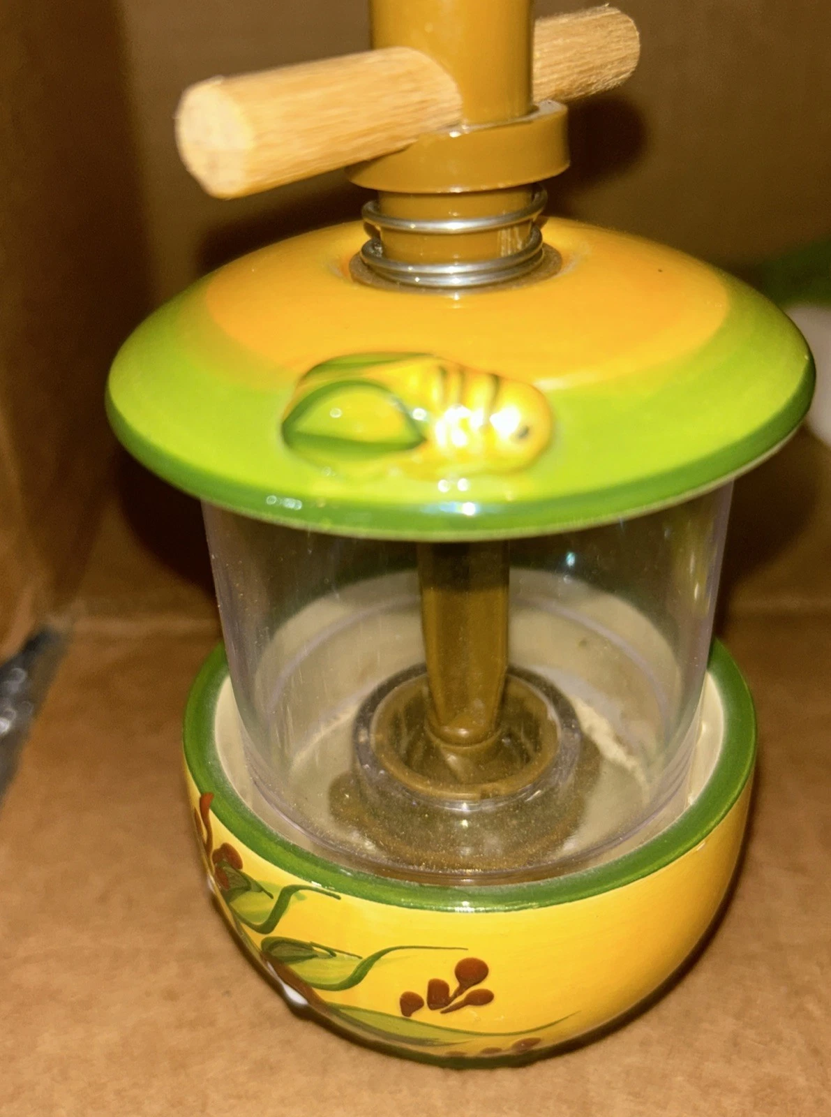 Vintage French Herb Mill Salt Pepper Spice Grinder Yellow Ceramic Olives Bee