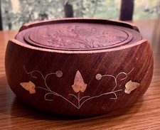 Set of 6 Carved Wooden Coasters & Holder with Inlaid Brass Leaf Design