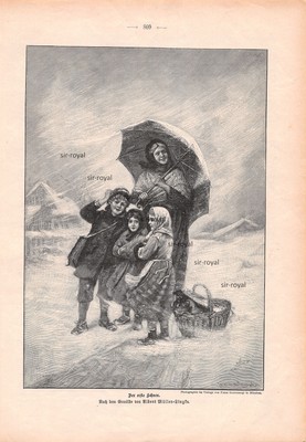 The First Snow - Albert Müller-Lingke - 1898 - Historical Woodblock Print ~22x31cm