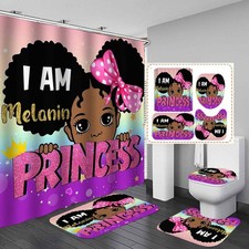 4PCS Black Girl Shower Curtain Set, Cute African American Girl Afro Melanin P...