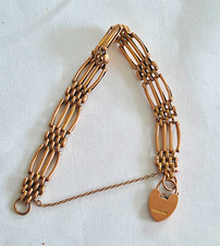 9ct Rose Gold Bar Link Bracelet Heart Padlock Clasp Safety Chain Signed