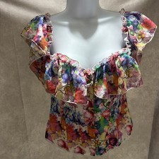 Women Floral Corset Top Overbust Bustier Off-shoulder Gothic Ruffle Chiffon Lg