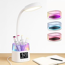 LED Desk Lamp Pen Holder Touch Nightstand Light 3 Color Modes Clock Dimming