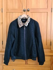 King Louie Black Wool Blend Bomber Jacket Leopard Print Collar 44 UK 14-16?