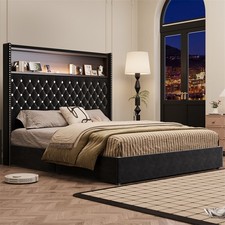 Queen Luxurious Velvet Buttons Bed Frame w/52'' High Headboard,LED Light and USB