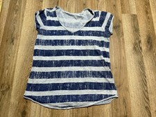 Canyon River Blues Shirt Women's Size Medium Petite, Grey Blue, Striped, V-neck