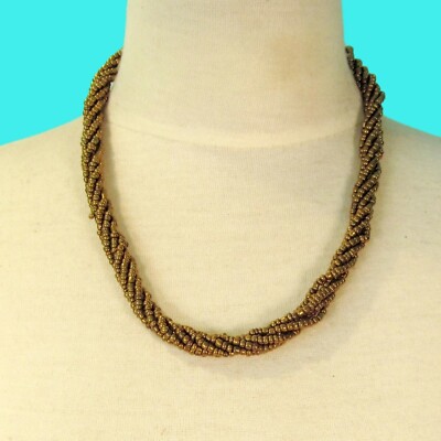 18'' Gold Color Twisted Rope Chain Handmade Seed Bead Statement Necklace 