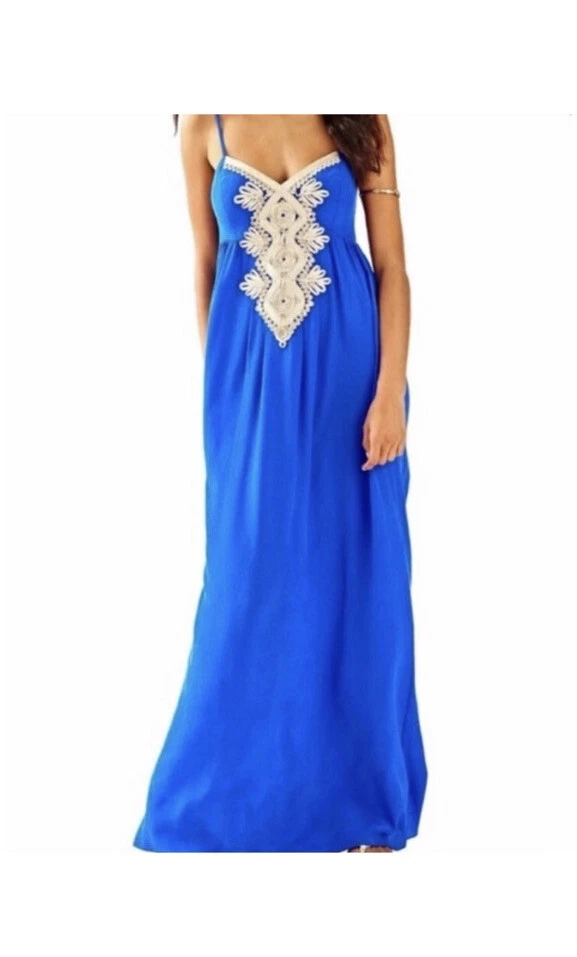 Lilly Pulitzer Kelsea Blue Gown Gold Embroidery Maxi Dress 0