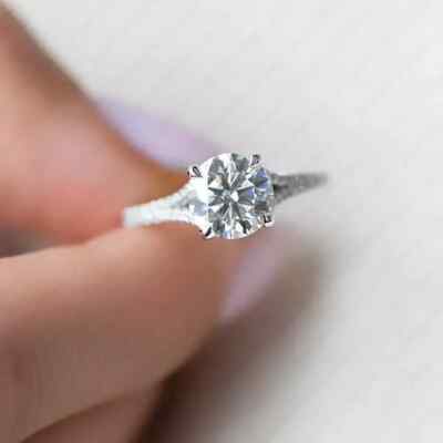 2.10Ctw Round Moissanite Split Shank Engagement Ring in 14K White Gold Plated