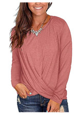 Women's Soft Tops long sleeve round neck t-shirts front twist casual loose fitte