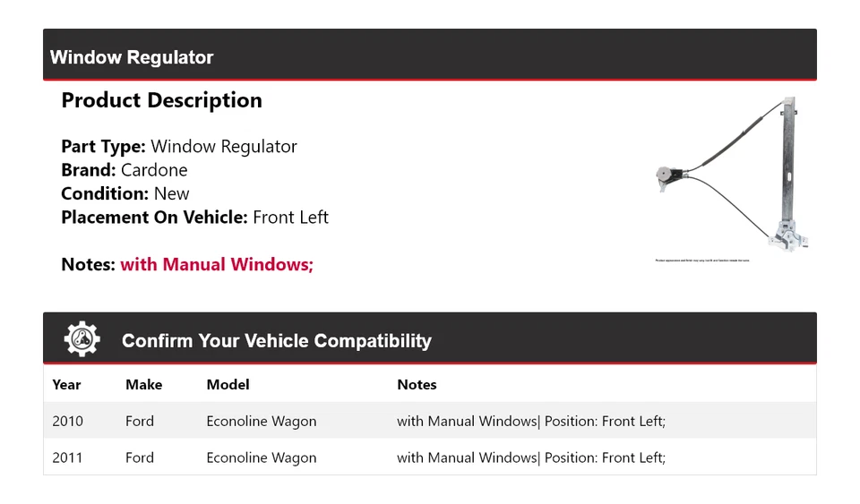 Regulador de ventana delantero izquierdo cardone para camioneta Ford Econoline 2010-2011 Foto 2 de 4