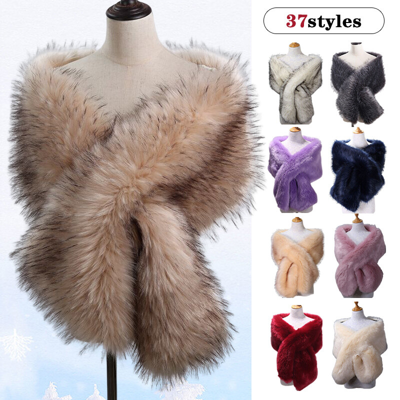 Lady Fancy Faux Fur Shawl Bridal Wedding Evening Party Cape Long Warm Wrap  Stole