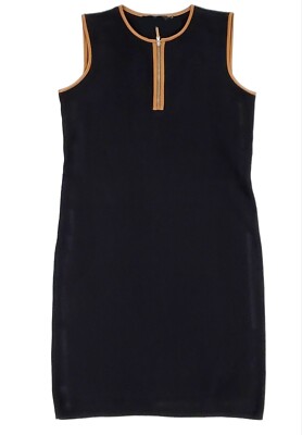 LRL Ralph Lauren Womens SMALL Black Knit Evening DRESS Faux Brown Leather Trim 