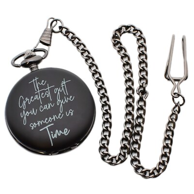 Greatest Gift is Time Design matt schwarz Oberfläche römische Ziffern Taschenuhr