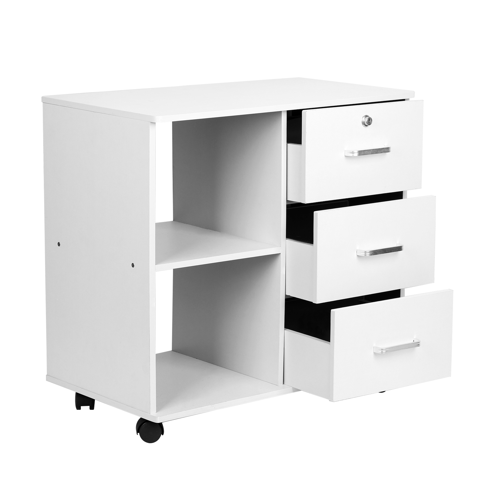3 Drawer Modern Wood Filing Cabinet w/ 4 Wheels Lock with Open Storage Shelves