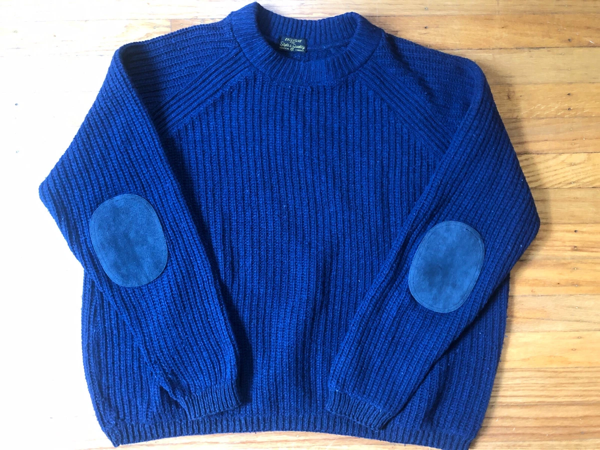 Vintage 70s mens sweater.leather elbow patches.navy blue.large.professor  style