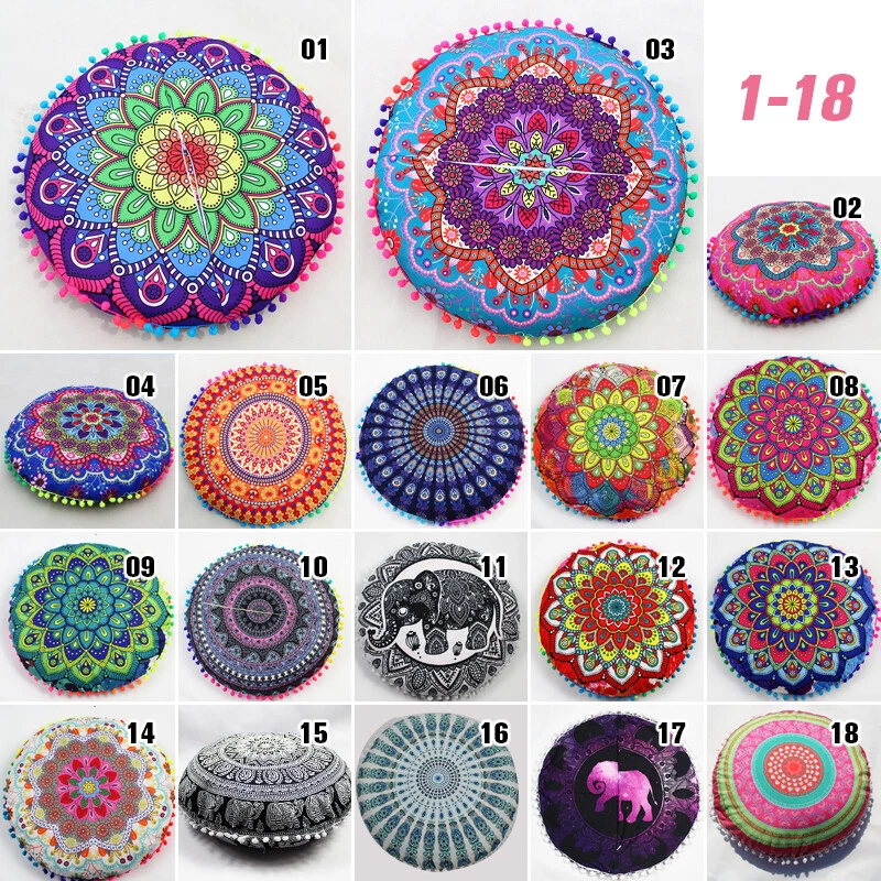Indian Mandala Round Pillow Case Bohemian Meditation Floor Pouf Cushion Cover - Image 2 of 4