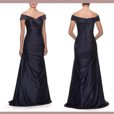 NWT 495 La Femme  18  Off Shoulder Ruched Satin Trumpet Gown in Navy Q254