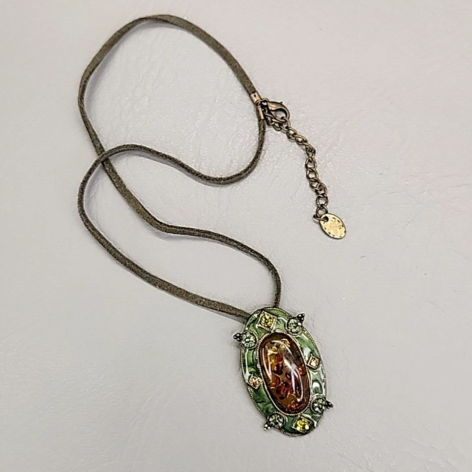 Collar Colgante Ámbar Ovalado Cuero Verde Cordón Esmalte Estrás 18" Foto 3 de 4