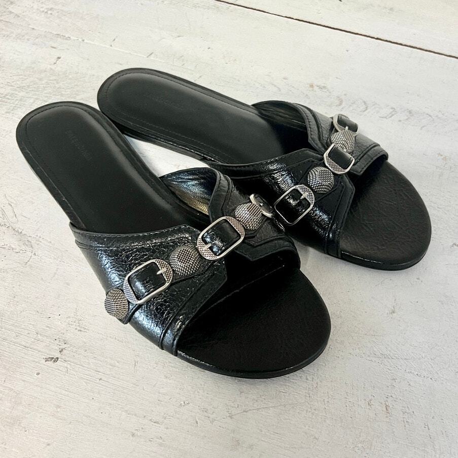 Balenciaga Cagole Arena Lambskin Slip On Open Toe Flat