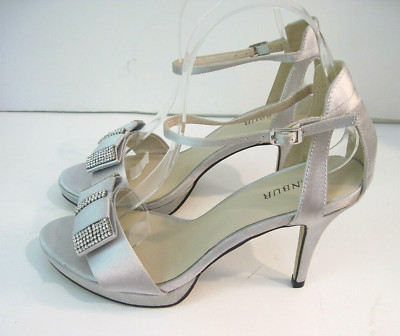 MENBUR Silver Satin Open Toe Ankle Strap Heels Jeweled Bow Size 38