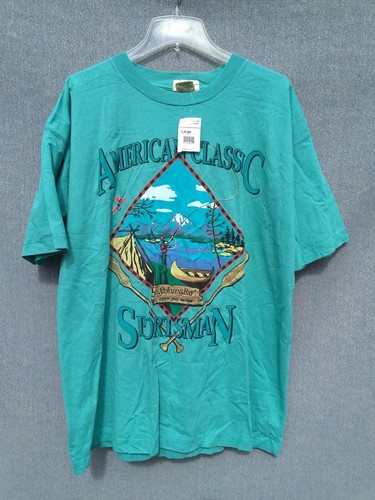 VTG NWT St. John's Bay Men's Graphic T shirt SZ L Green Camping Fly Fishing NOS