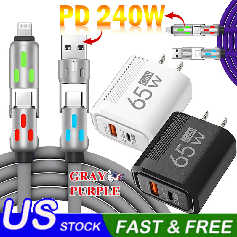 4-in-1 USB TYPE C Cable 240W Fast Charging & Wall Charger Universal US